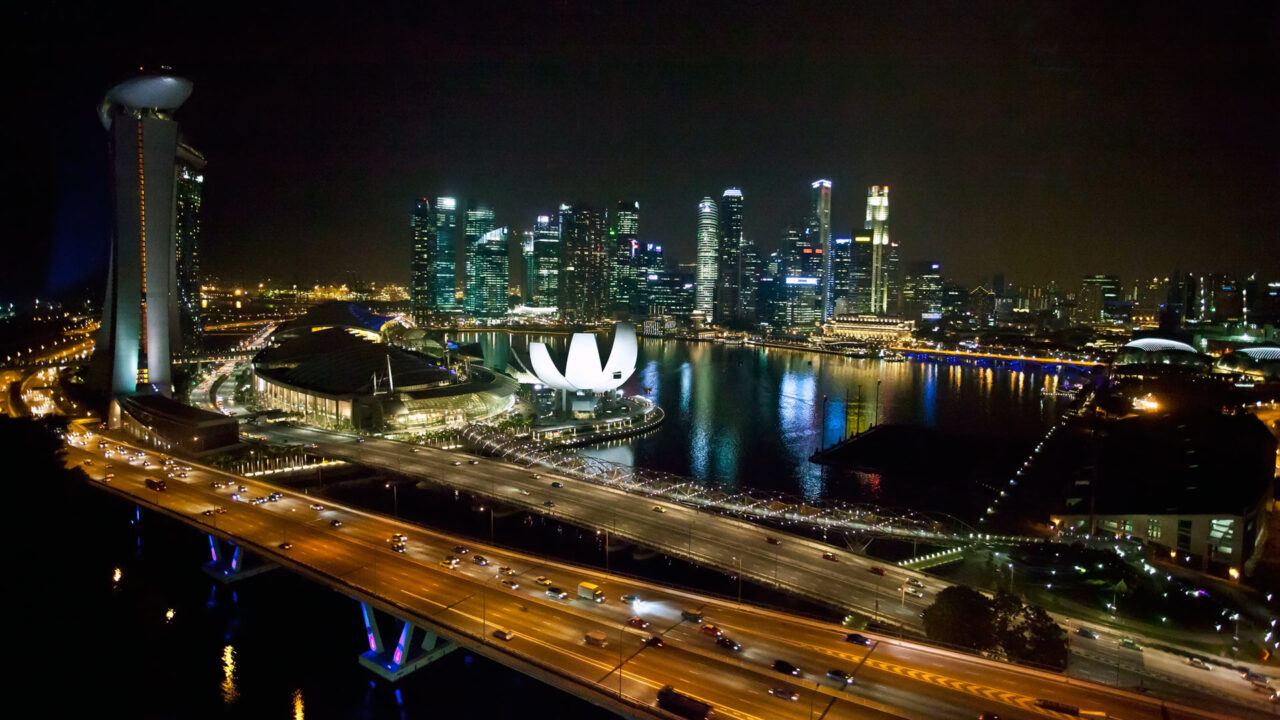 The view from the Singapore Flyer at the Marina Bay and the skyline of Singapore