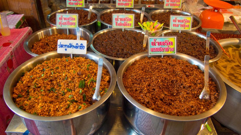 Various types of chili dishes at the Amphawa Floating Market