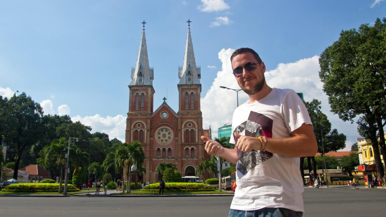 Tobi in front of the Notre Dame cathedral in Ho Chi Minh City