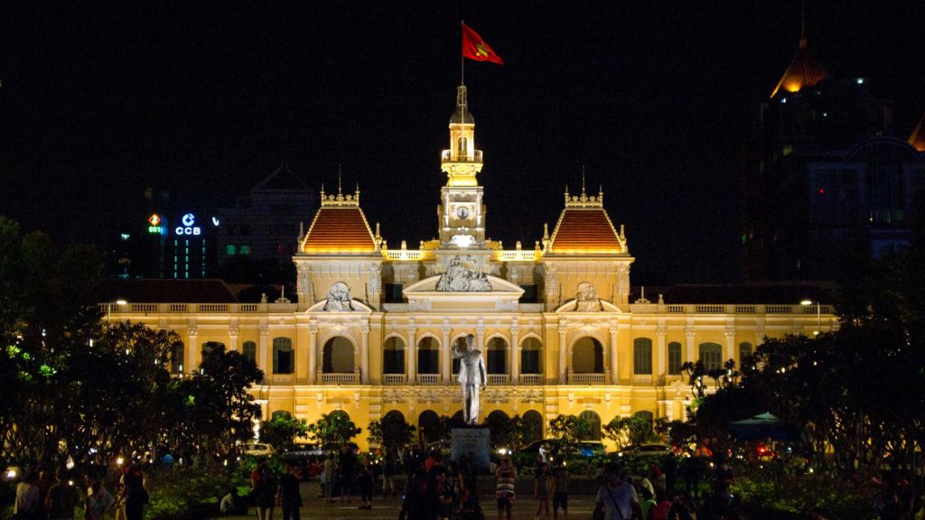The old city hall of Ho Chi Minh City at night, Vietnam