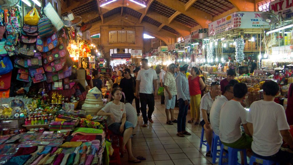 The inside of the lively Ben Thanh Market in Ho Chi Minh City, Vietnam