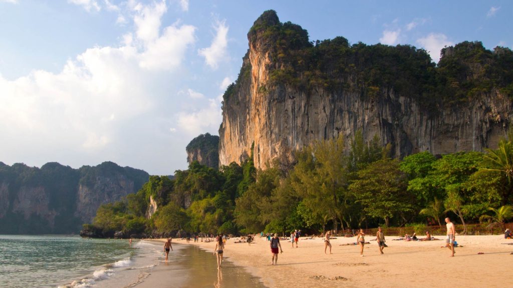 The Railay Beach, a popular beach among backpackers in Krabi