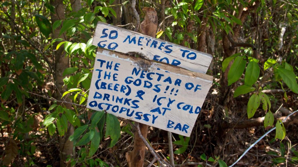 50 meters to the nectar of the gods - beer, a sign on Koh Rong Samloem
