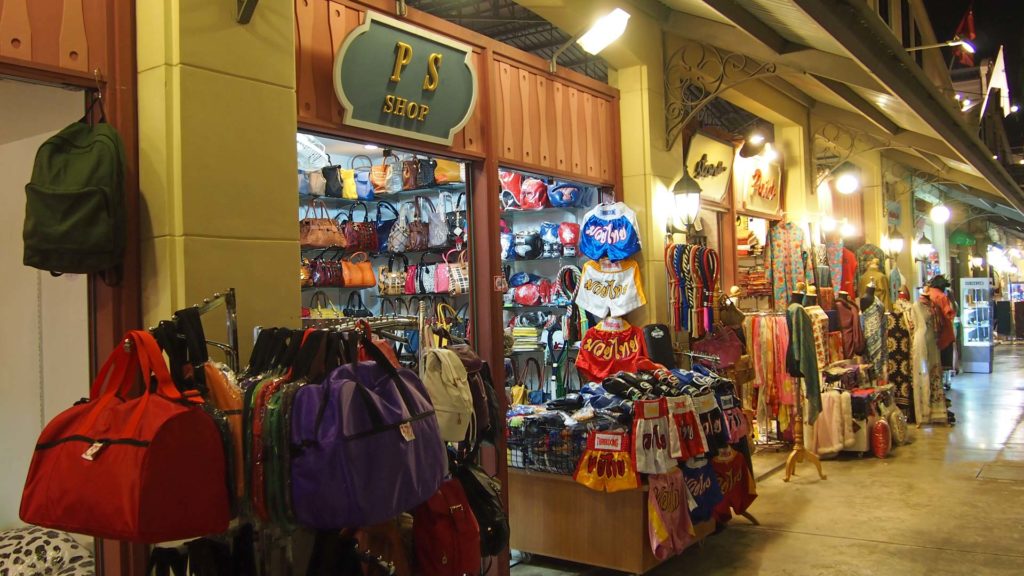 Stalls inside the Asiatique night market in Bangkok
