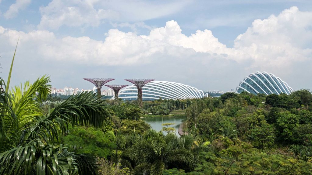 Die Supertrees, der Flower Dome und Cloud Forest im Gardens By The Bay von Singapur
