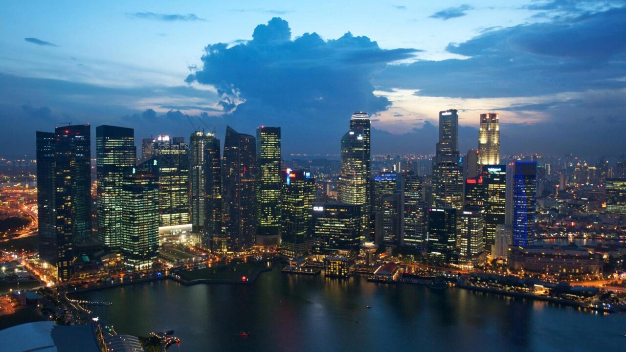 The view from the roof of the Marina Bay Sands at the skyline of Singapore