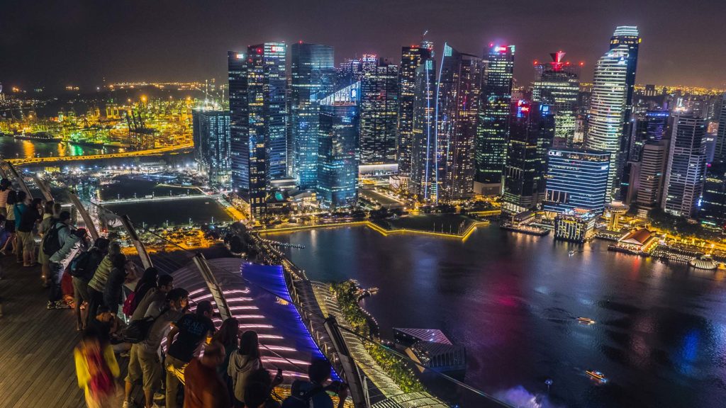 The view from the Marina Bay Sands at the Singapore skyline by night