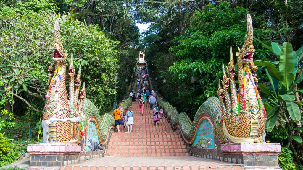 The huge Naga stairs to the Wat Phra That Doi Suthep in Chiang Mai