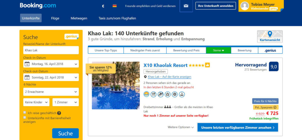 Booking.com Suche nach Hotels in Khao Lak, Thailand