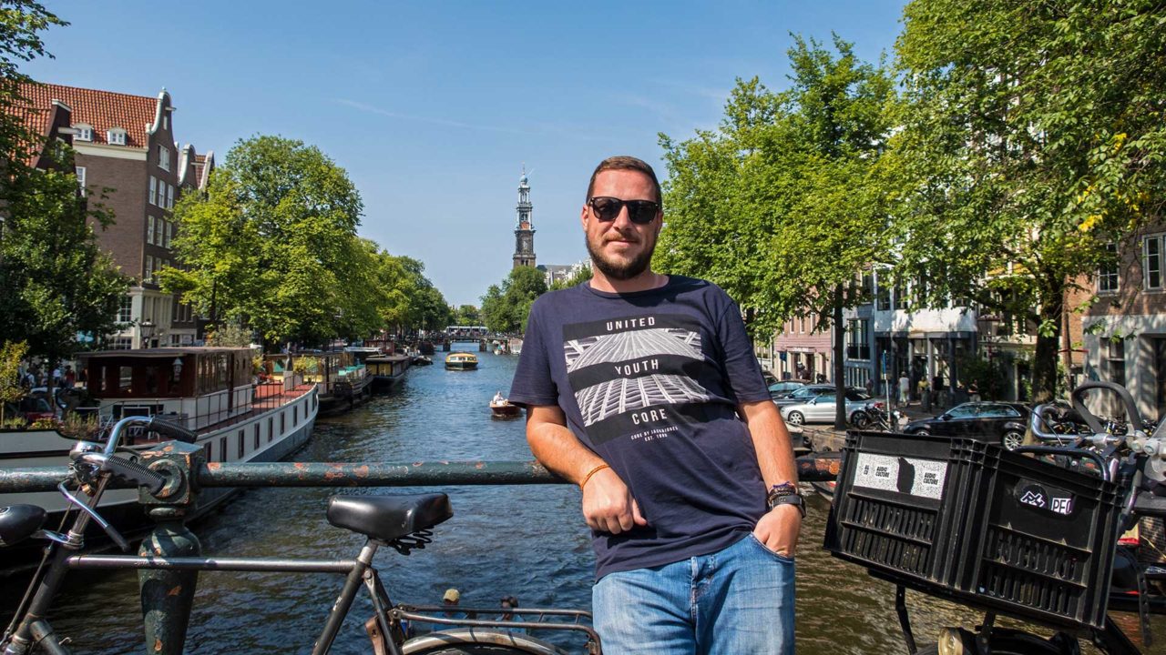 Tobi at one of the many canals of Amsterdam