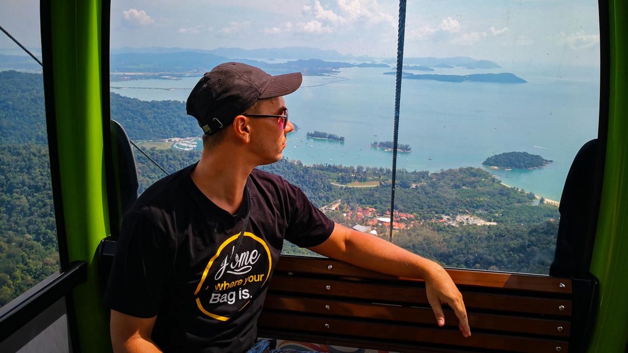 Marcel in the Cable Car at Oriental Village in Langkawi