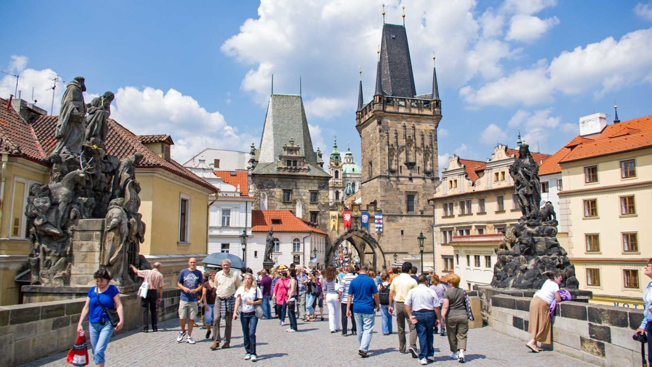 Tourists on the Charles Bridge in Prague