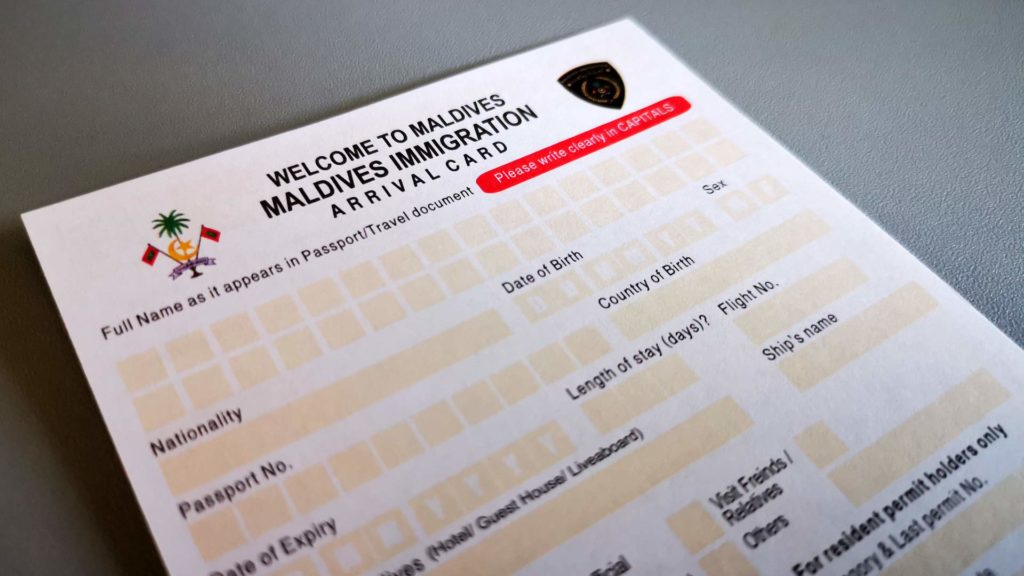 Arrival card for immigration to the Maldives