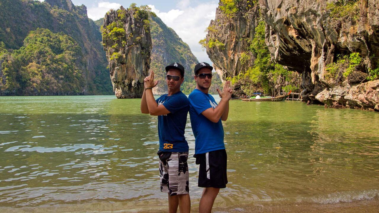 Marcel and Tobi in front of the famous rock of James Bond Island