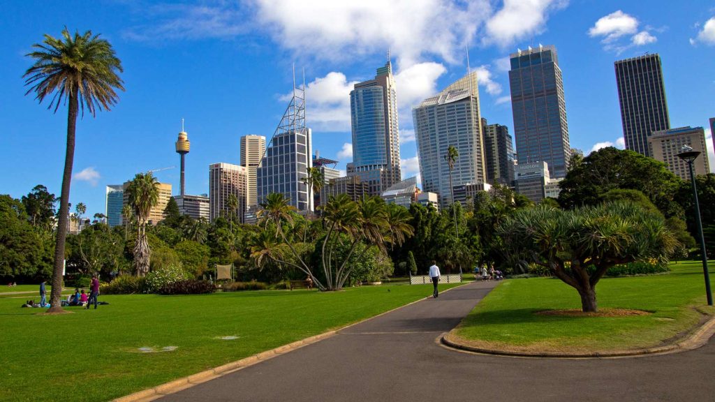 Ausblick vom botanischen Garten auf die Skyline von Sydney