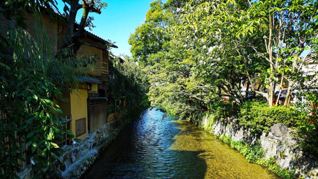 Der ruhige Shirakawa Kanal in Gion, Kyoto
