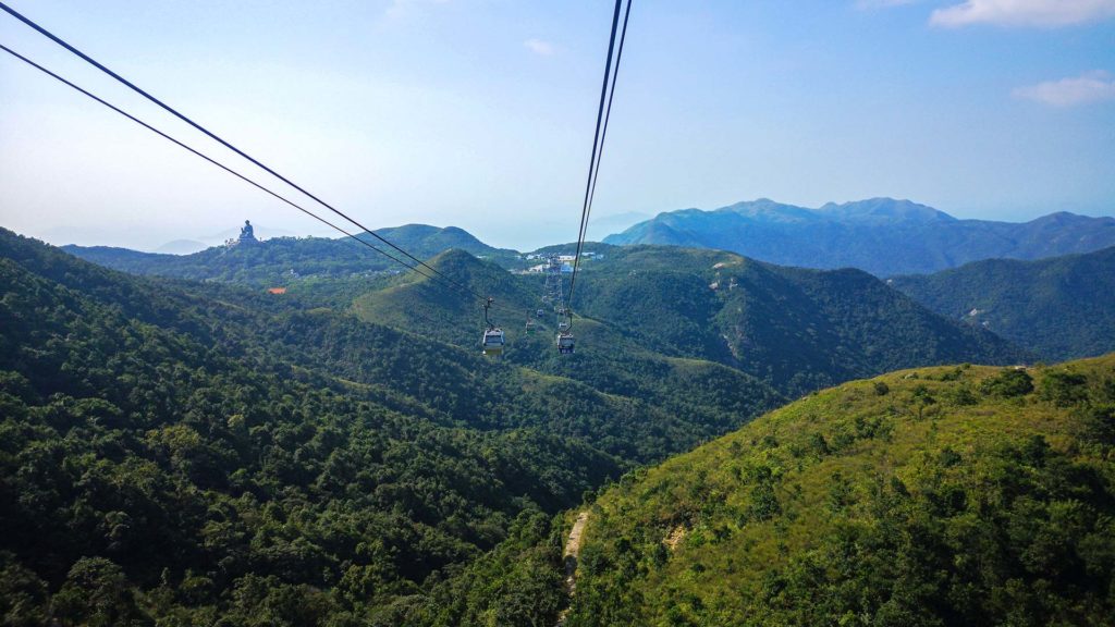 View of the Tian Tan Buddha, the Big Buddha of Lantau Island, from the Ngong Ping 360 cable car