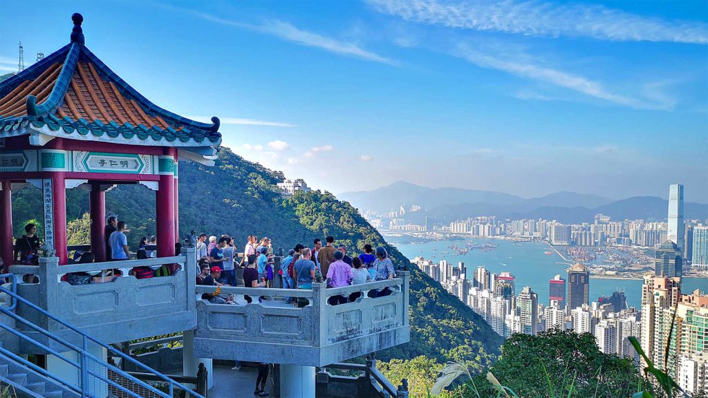 Victoria Peaks Lion's Pavilion with a view of Hong Kong
