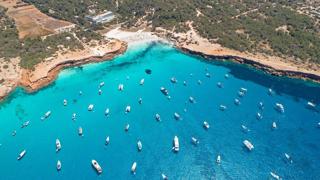 Drone view of the beach of Cala Saona on Formentera, Spain