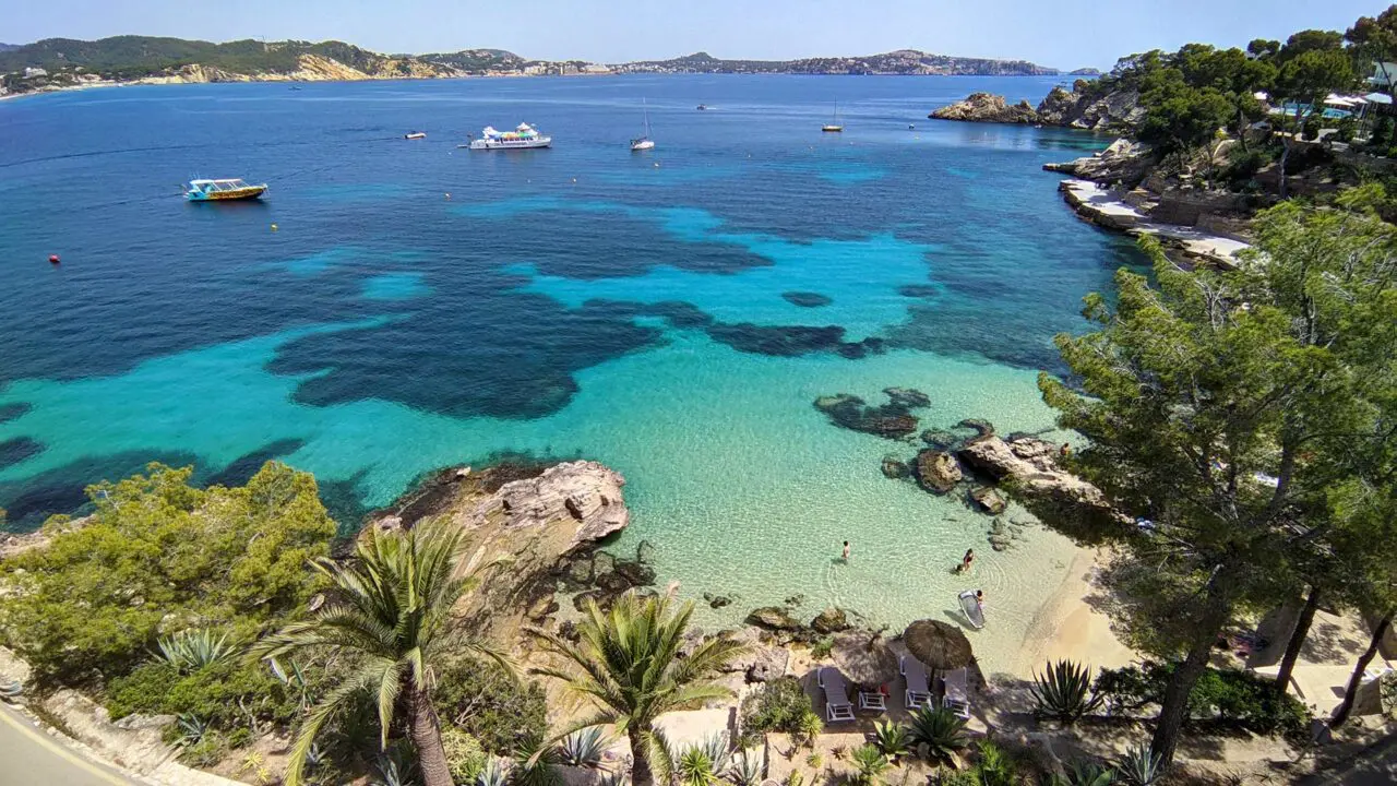 Beautiful turquoise waters of Cala Fornells, view from Cala Fornells Hotel in West Mallorca
