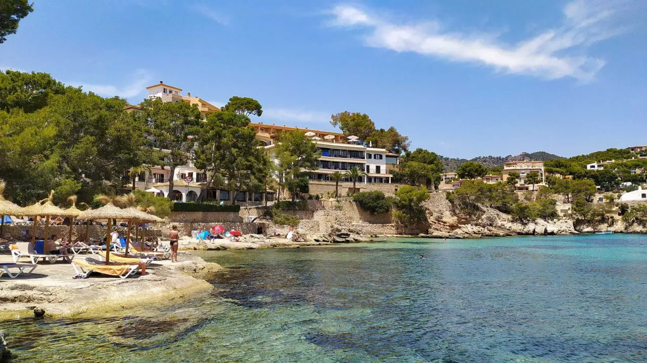 Beach, hotel, and sea in Cala Fornells on Mallorca