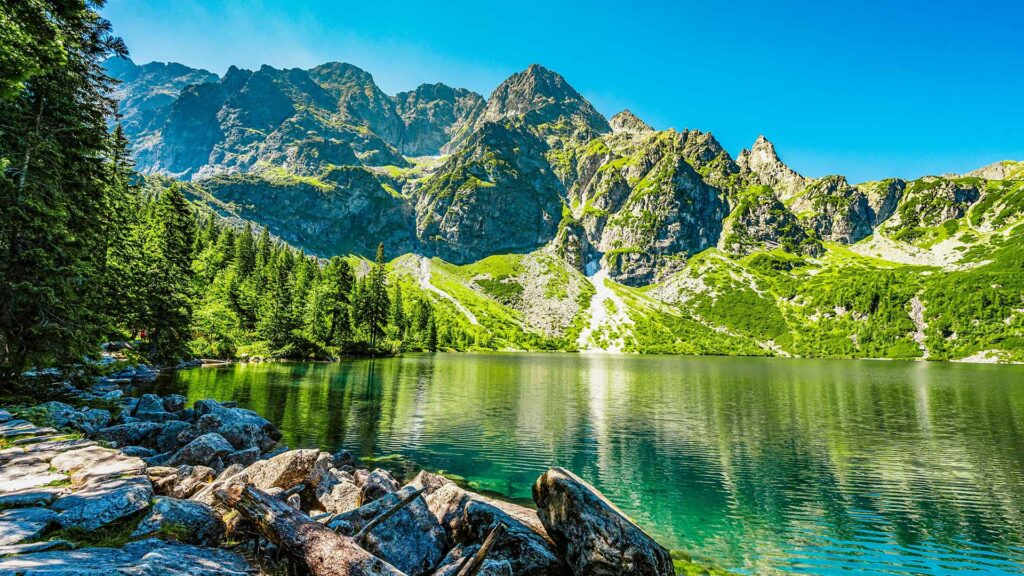 One of the most beautiful places in Poland: The Sea Eye (Morskie Oko) with a view of Rysy, the country's highest peak