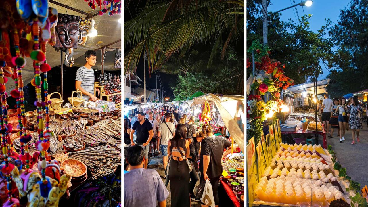 Collage von Walking Streets und Nachtmärkten auf Koh Samui