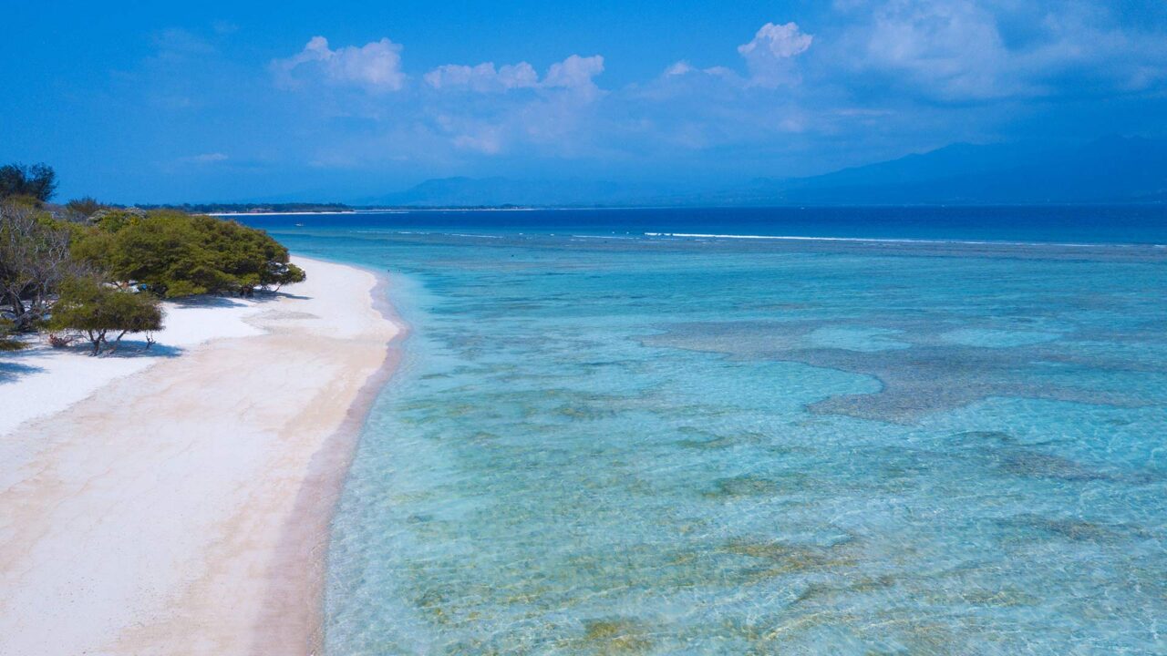 Aerial view of Gili Trawangan with Lombok in the background