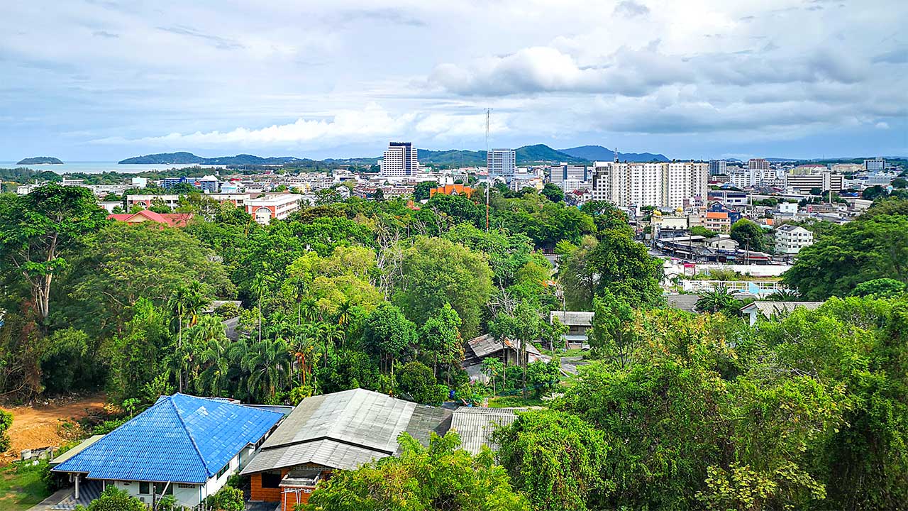 Phuket Town as seen from the hidden gem viewpoint Wat Charoen Samanakij