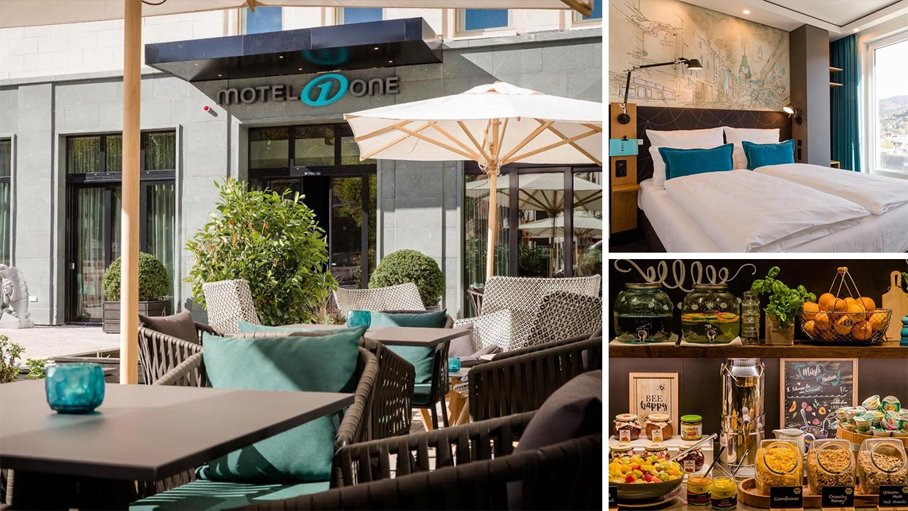 Entrance, room and breakfast at Motel One Freiburg (Photos: Motel One Freiburg)