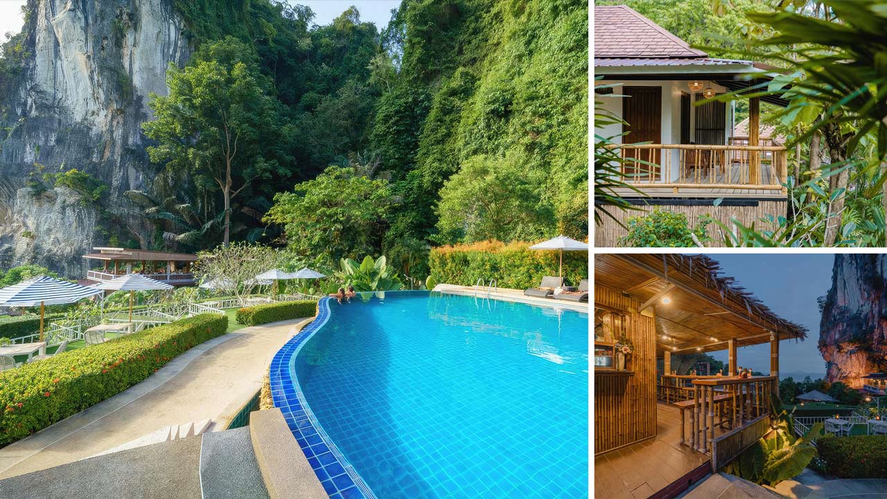 Pool, bungalow and sea view from the bar at Railay Phutawan Resort (photos: Railay Phutawan Resort)