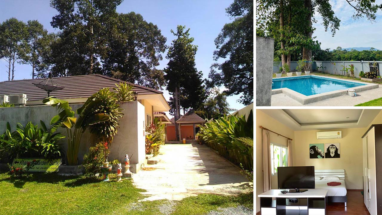 Eingang, Swimmingpool und Zimmer der Khanom Garden Suite (Fotos: Khanom Garden Suite)