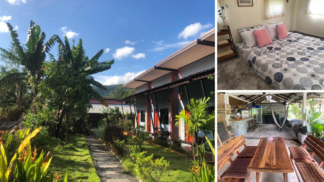 Bungalows und Zimmeransicht im Garten, Zimmer und Bar des Villafarmsuk@khanom (Fotos: Villafarmsuk@khanom)